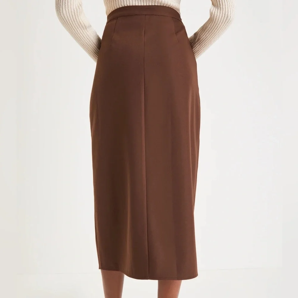 Brown Twill Button Wrap Midi Skirt - Picture 3 of 5
